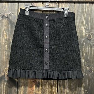 LOFT Black Textured Mini Skirt 6 Mixed Media Ruffle Dark Academia Faux Buttons